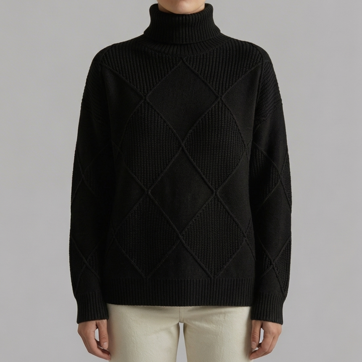 Turtleneck Diamond-Knit Pullover Sweater for Women