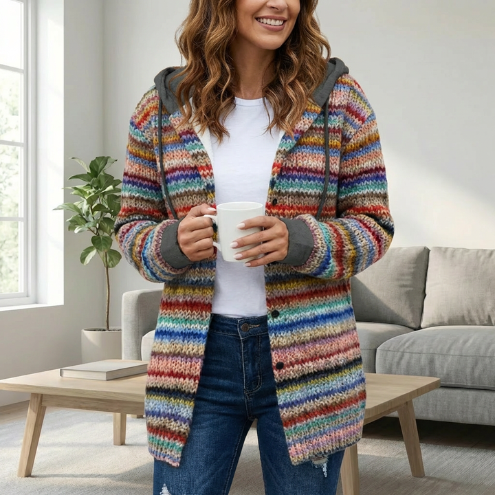 Multicolored Striped Hooded Knit Cardigan for Women