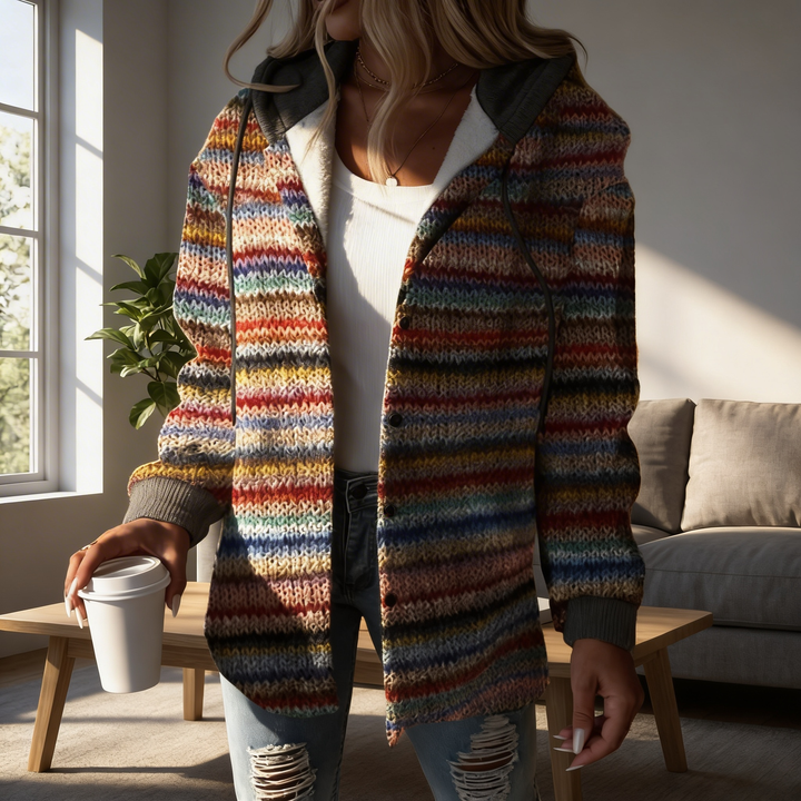 Multicolored Striped Hooded Knit Cardigan for Women
