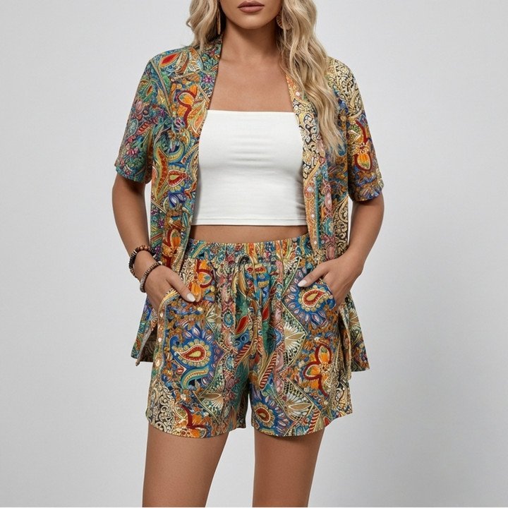 Floral Print Kimono Shirt And Shorts Set