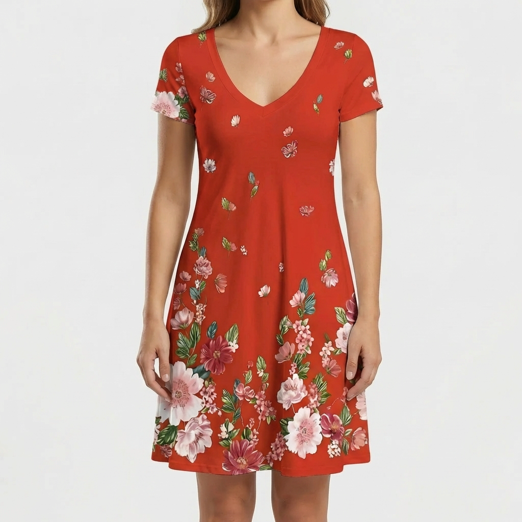 V-Neck Floral Short-Sleeve Dress