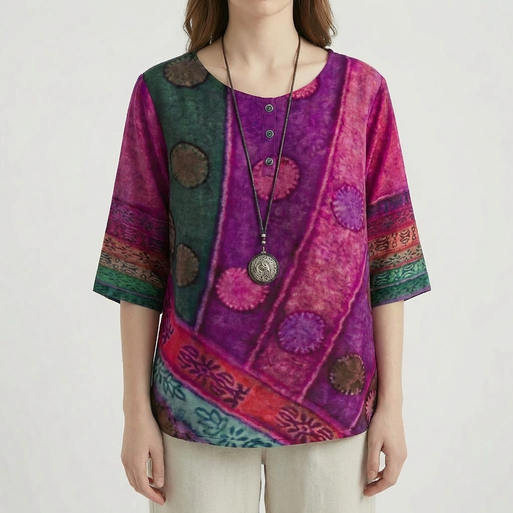 Vintage Print Loose Three-Quarter Sleeve Top