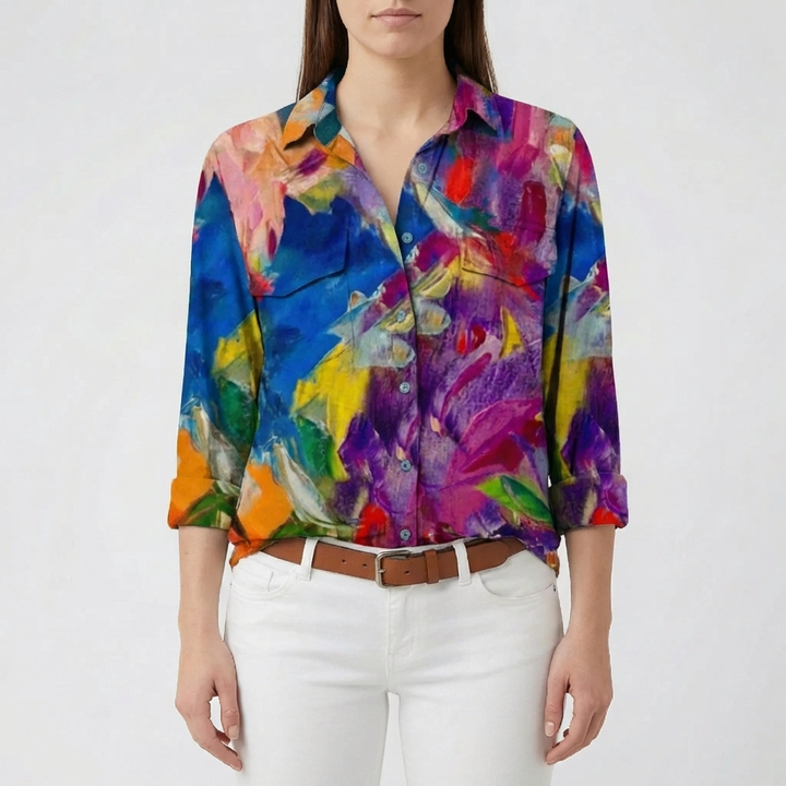 Button-Front Floral Print Blouse
