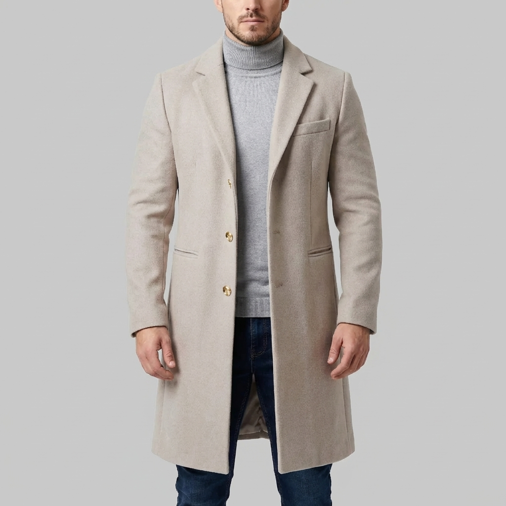 Long Button-Front Lapel Coat For Men