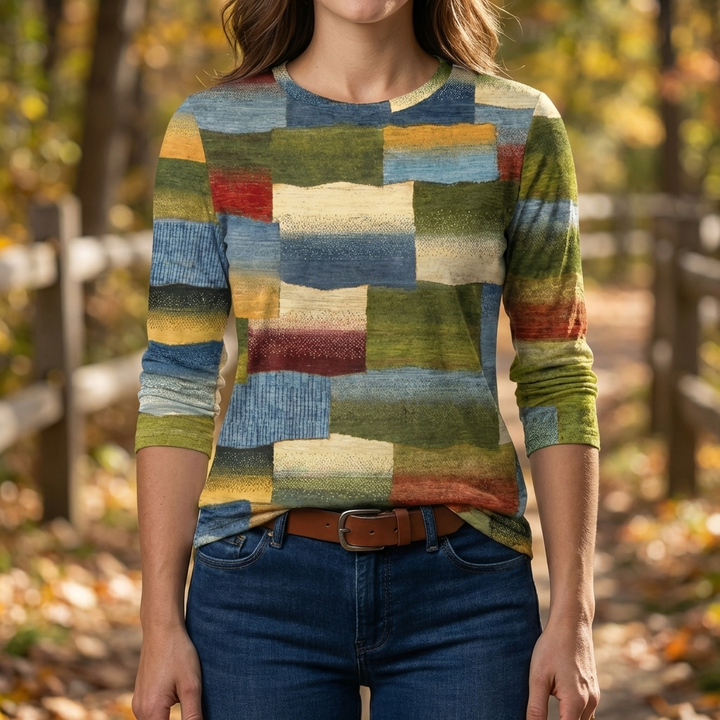 Color-Block Long Sleeve Crew-Neck Top