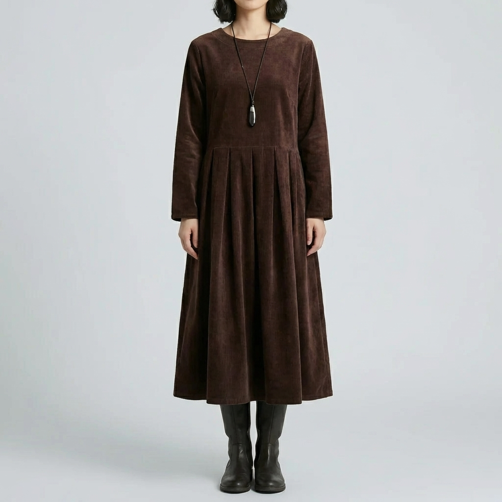 Long-Sleeve Pleated Midi Dress
