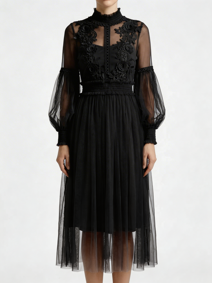 Floral Appliqué Mesh Midi Dress