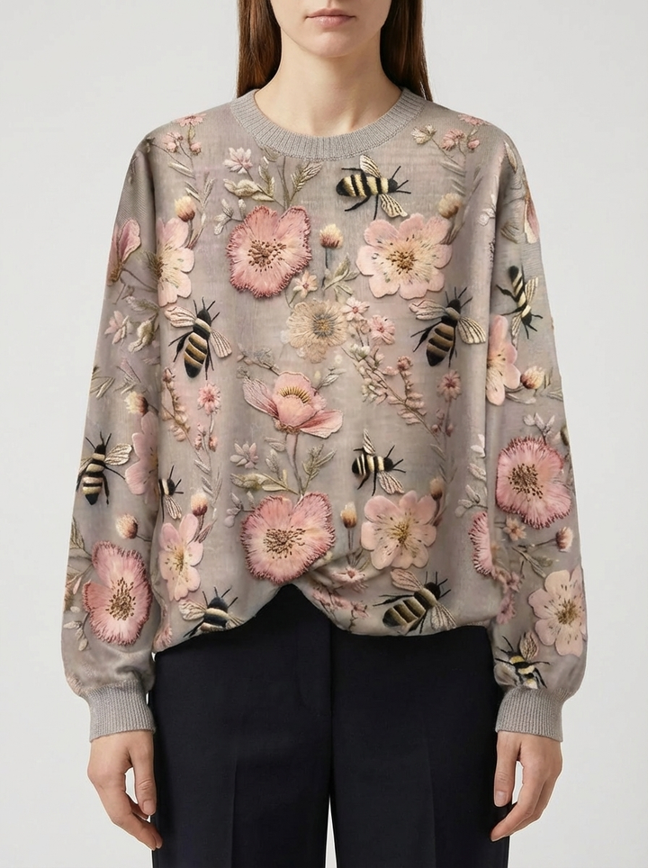 Loose-Fit 3D Floral Embroidered Sweater