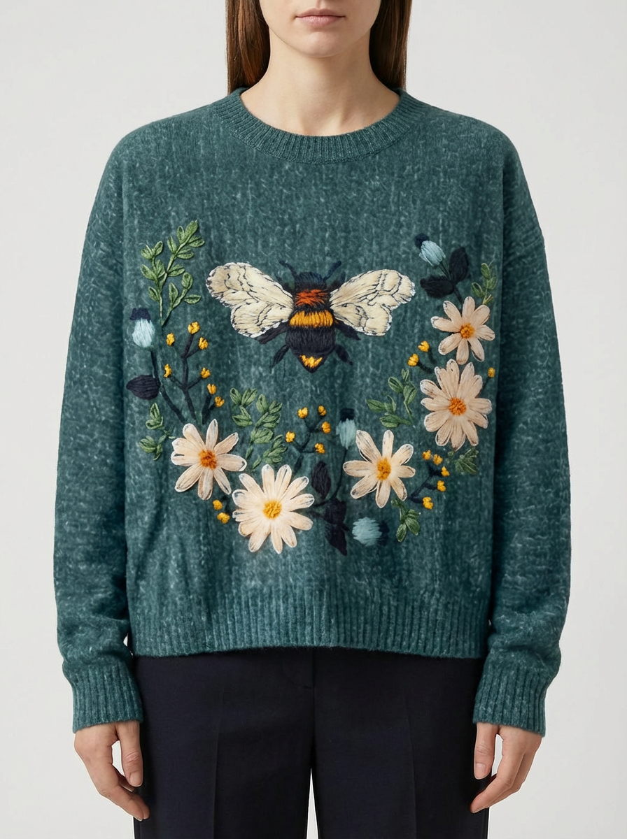 Loose-Fit 3D Floral Embroidered Sweater