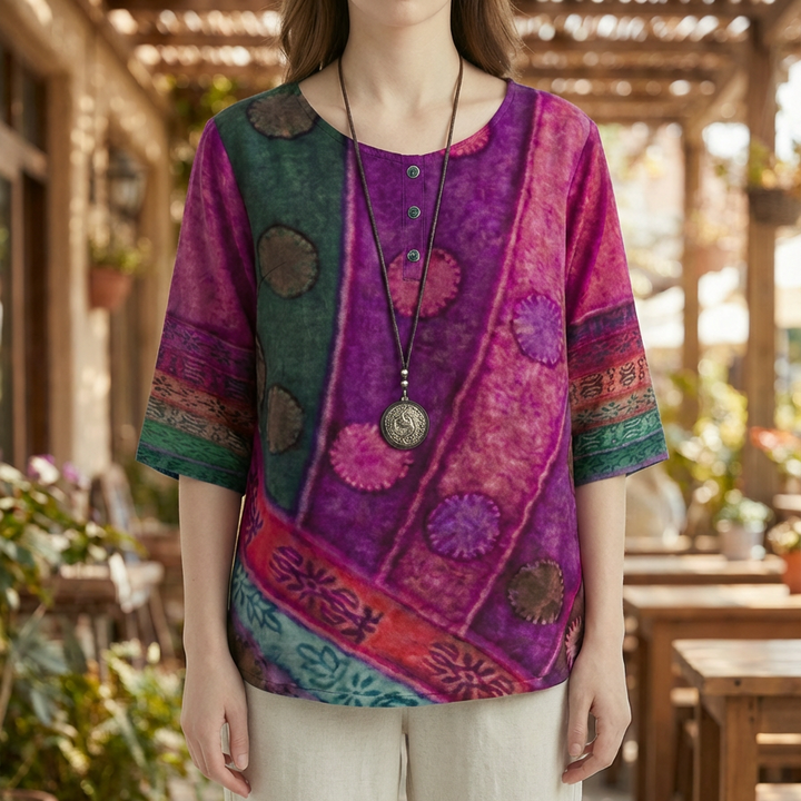 Vintage Print Loose Three-Quarter Sleeve Top