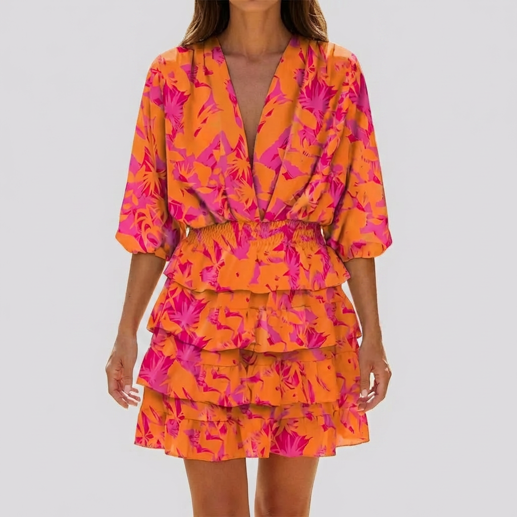 V-Neck Mini Dress with Geometric Print for Women