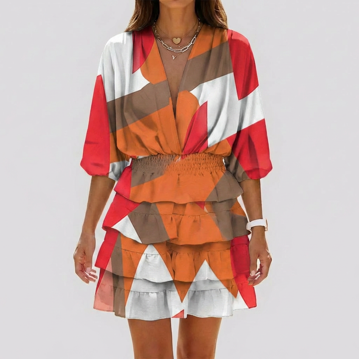 V-Neck Mini Dress with Geometric Print for Women