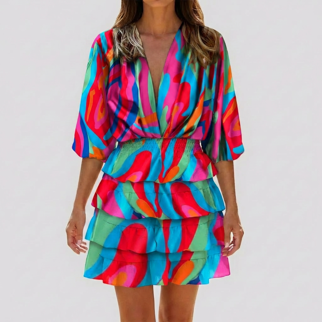 V-Neck Mini Dress with Geometric Print for Women