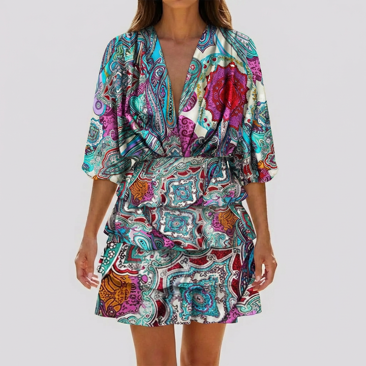 V-Neck Mini Dress with Geometric Print for Women