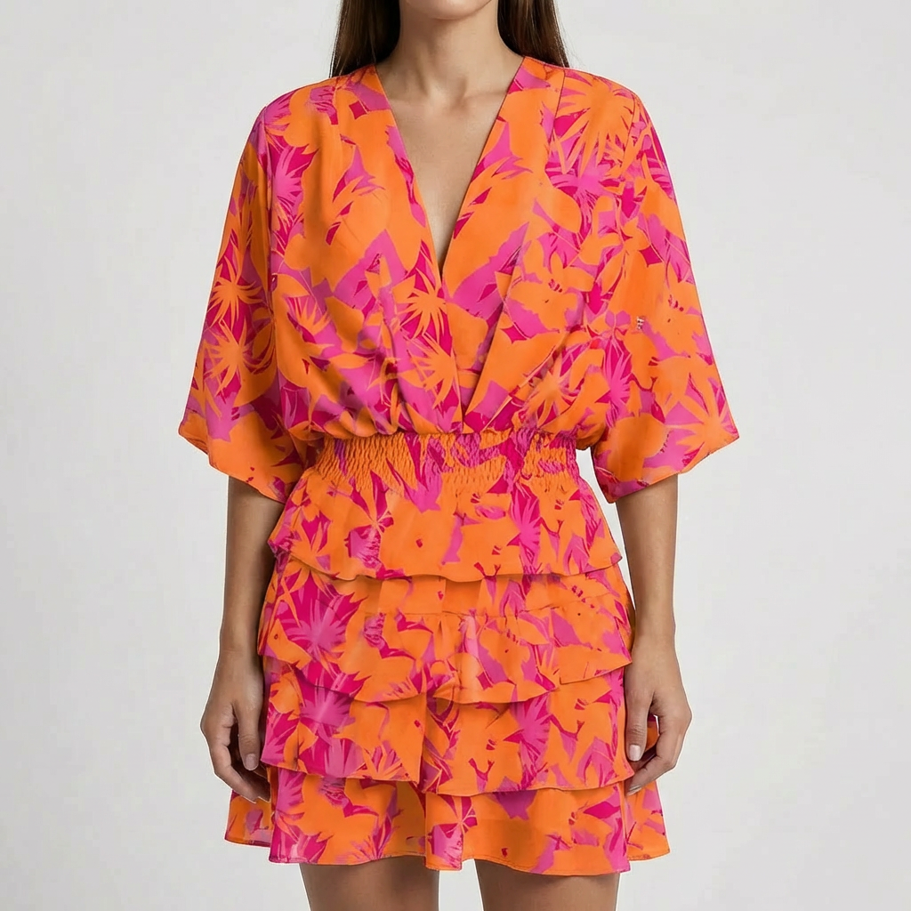 Deep V-Neck Batwing Sleeve Mini Dress