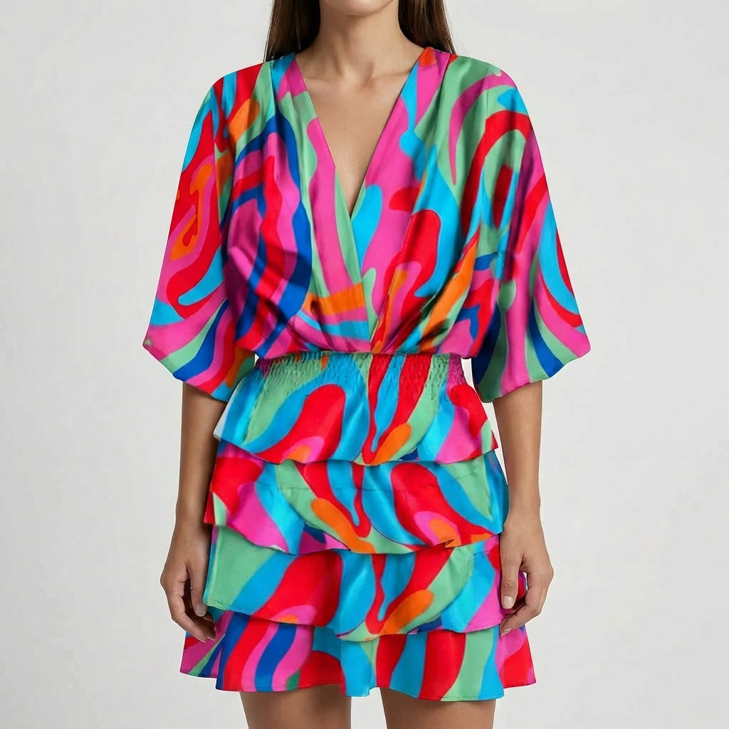 Deep V-Neck Batwing Sleeve Mini Dress
