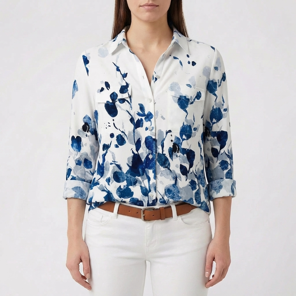 Button-Front Floral Print Blouse