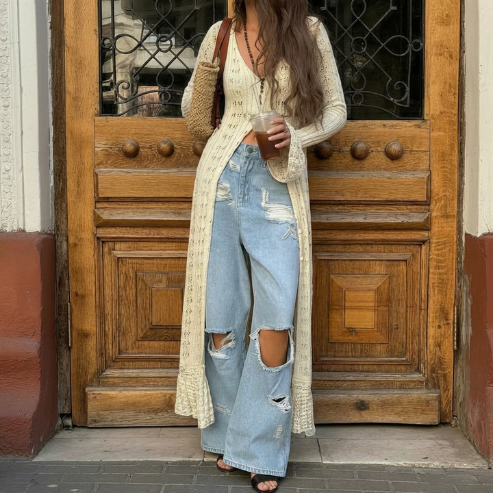 Knitted Hollow Flare Sleeve Long Cardigan for Women