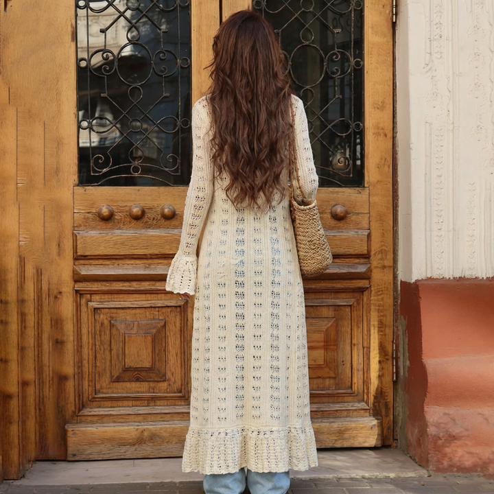 Knitted Hollow Flare Sleeve Long Cardigan for Women