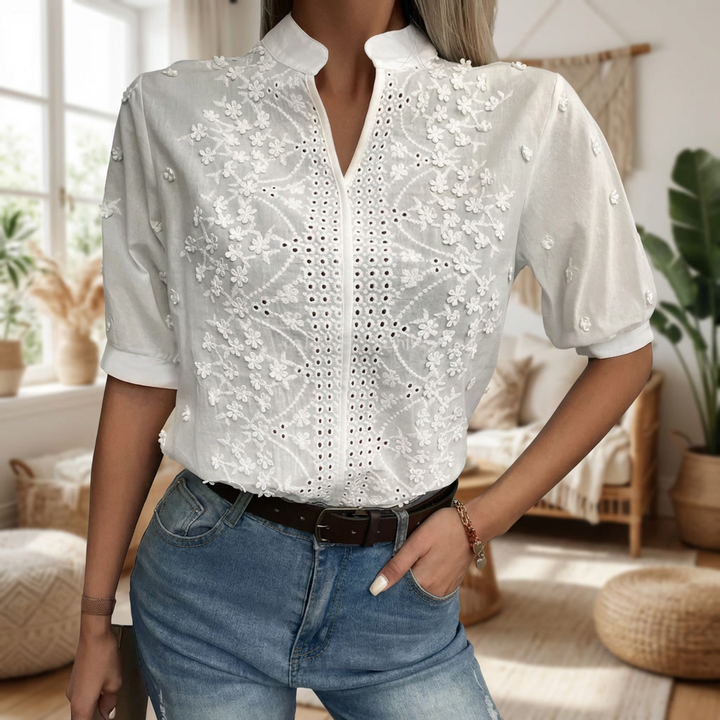 Summer White Blouse with Embroidery for Women