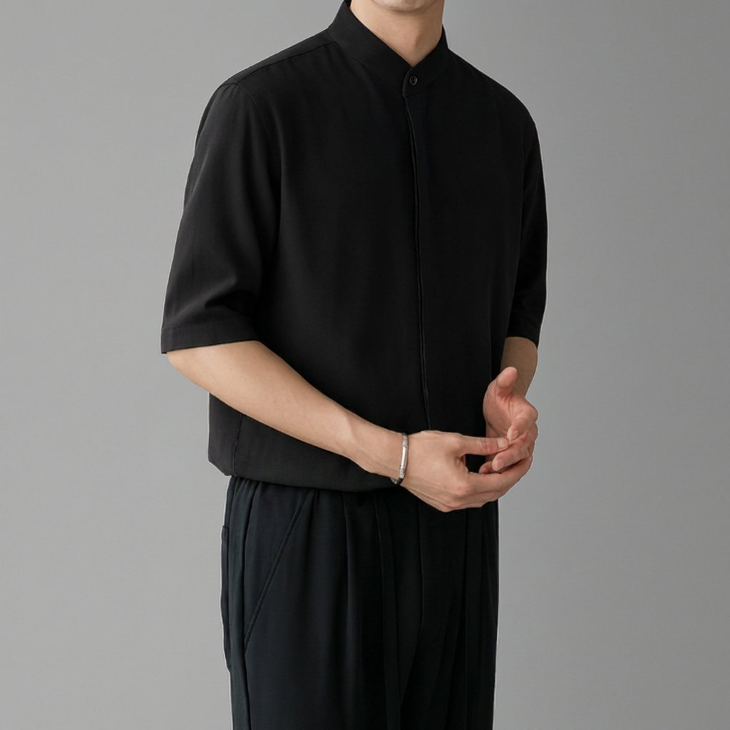 Long‑Sleeve Mandarin Collar Shirt for Men