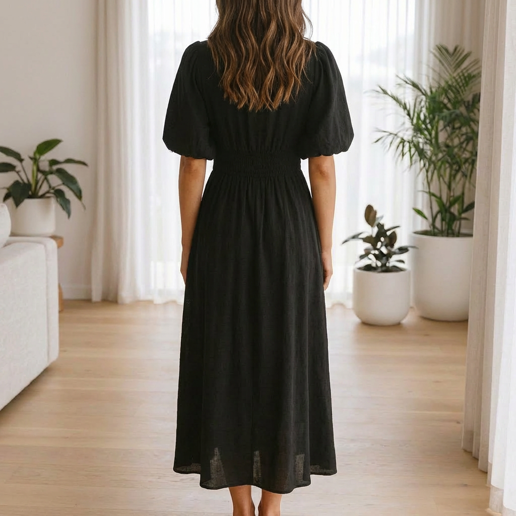 Women’s V Neck Midi Dress with Elastic Waist