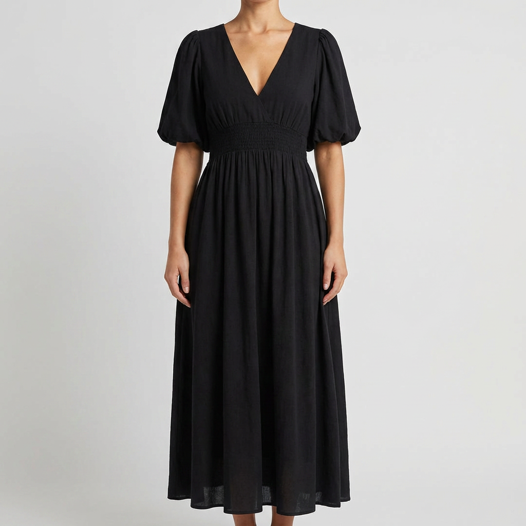 Women’s V Neck Midi Dress with Elastic Waist