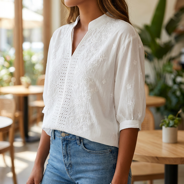 White V Neck Lace Blouse for Women
