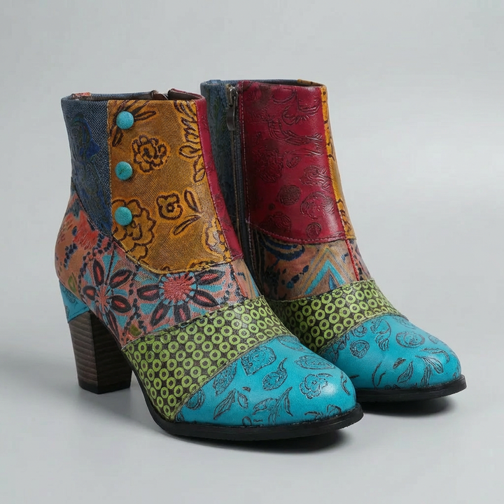 Patchwork Print Block Heel Ankle Boot