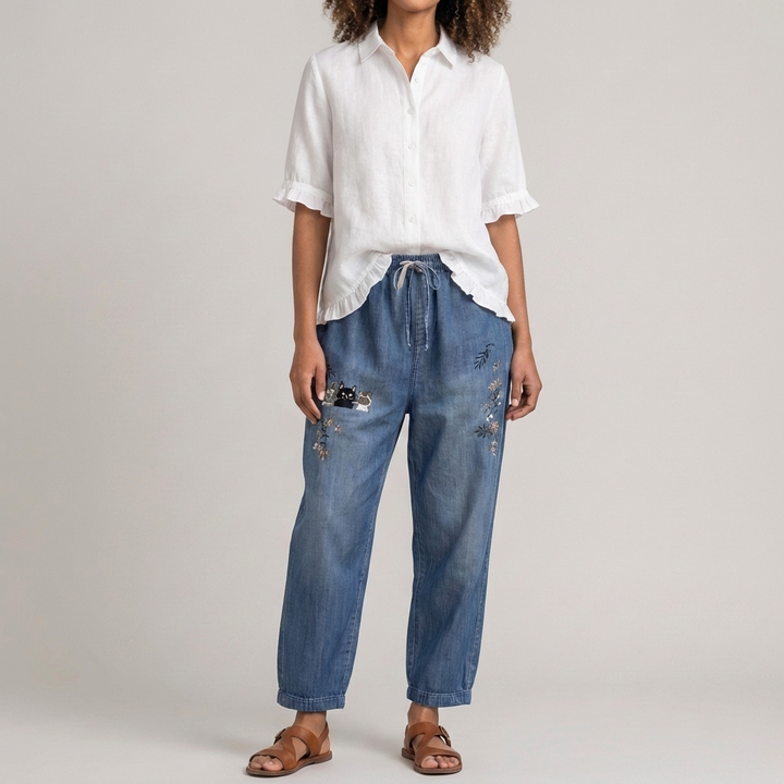 Button Down Cotton Blouse with Ruffled Hem