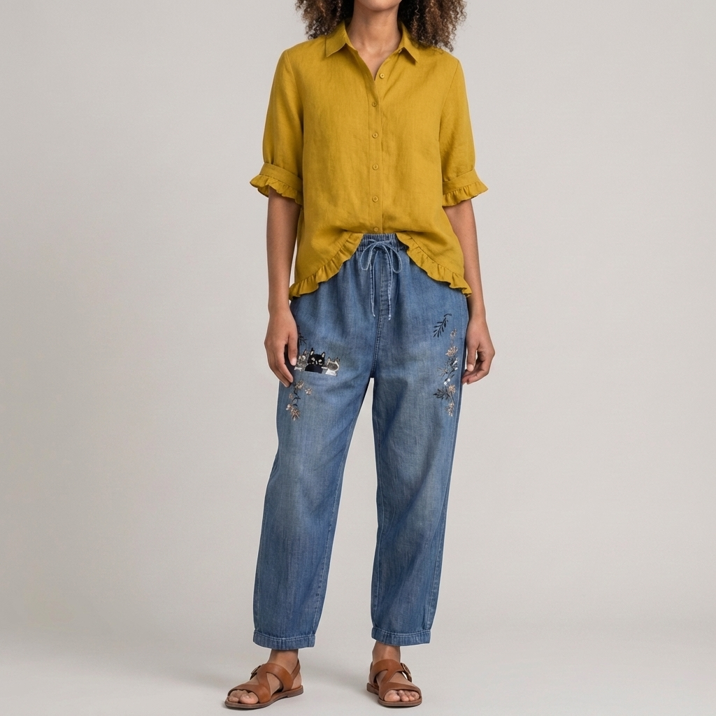 Button Down Cotton Blouse with Ruffled Hem