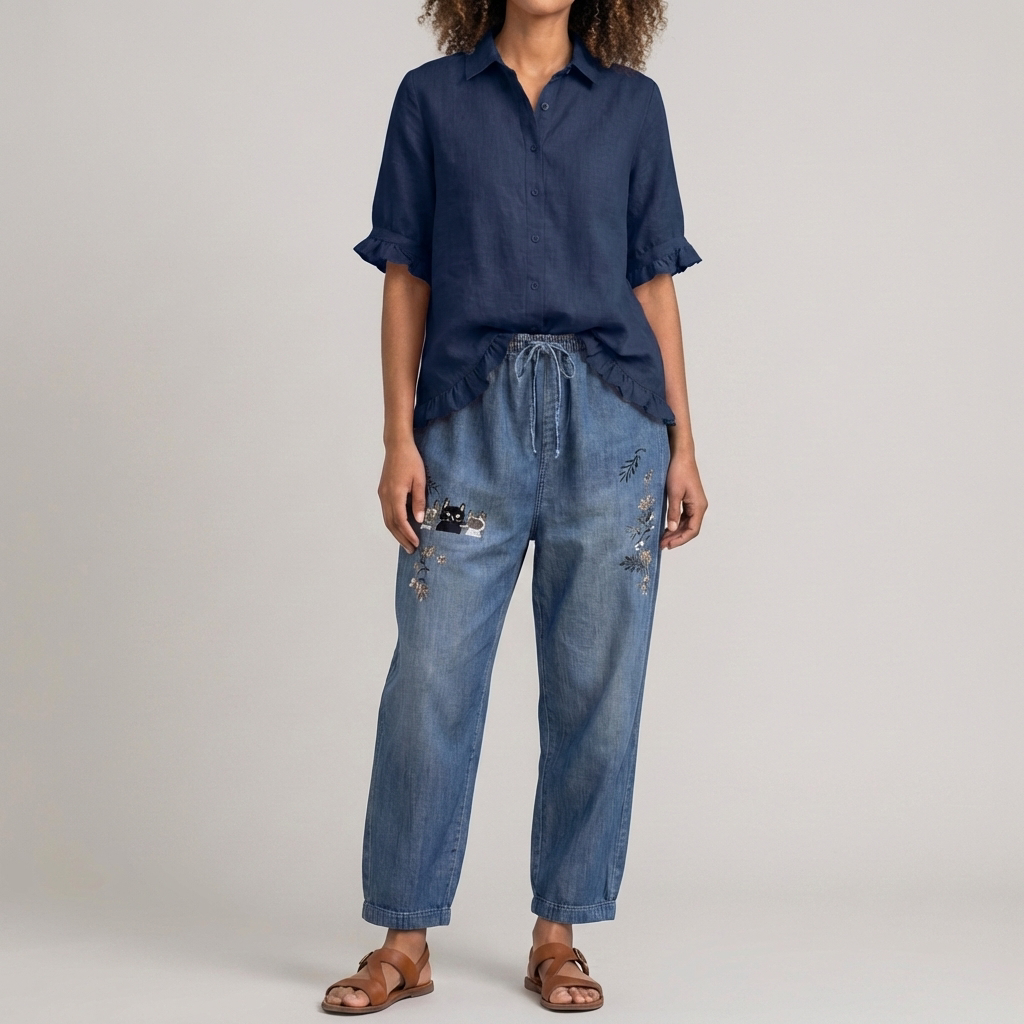 Button Down Cotton Blouse with Ruffled Hem