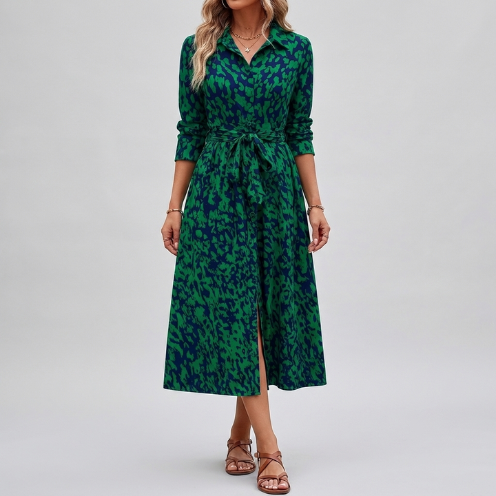 Printed A Line Shirt Dress with Slit for Women