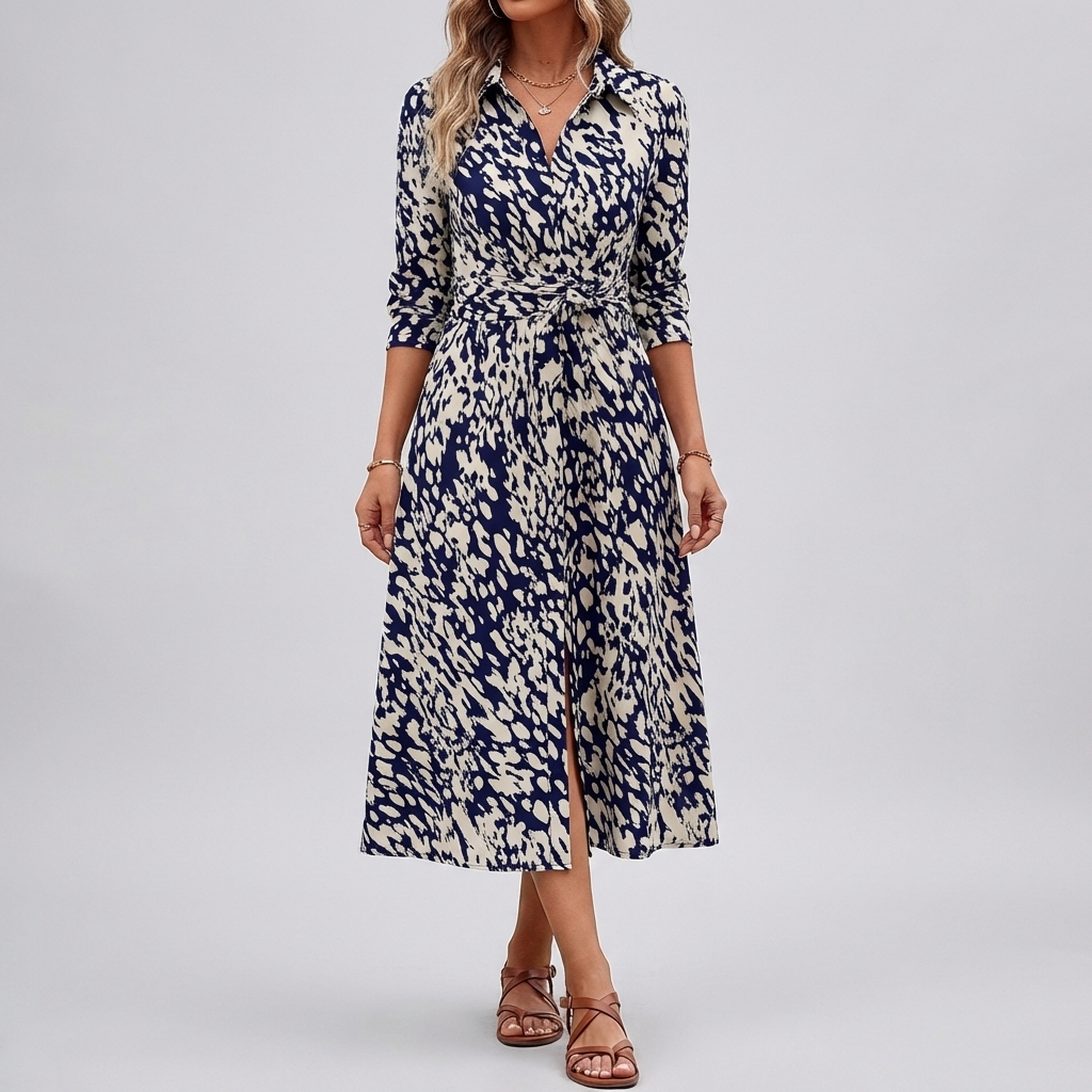 Printed A Line Shirt Dress with Slit for Women