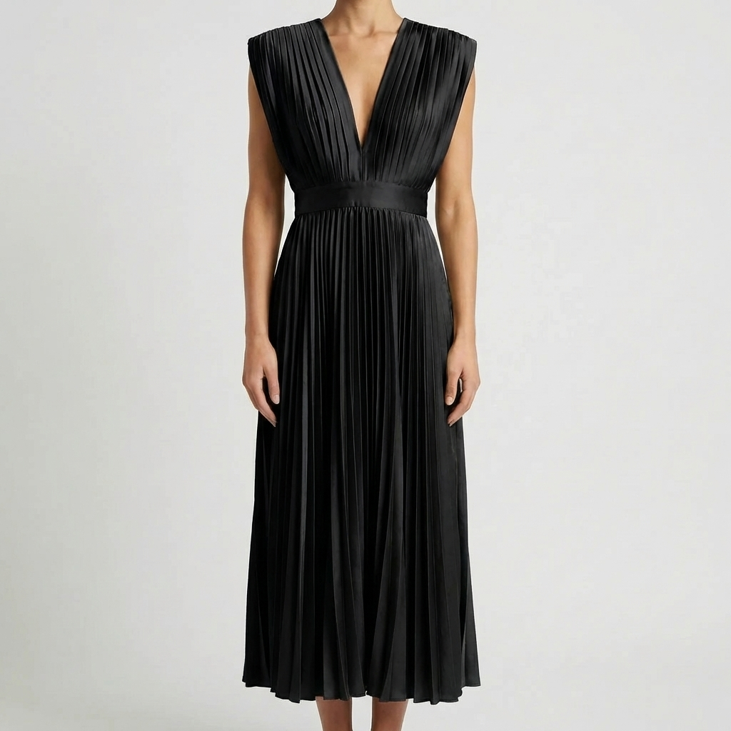 Sleeveless V-Neck Pleated Midi Dress