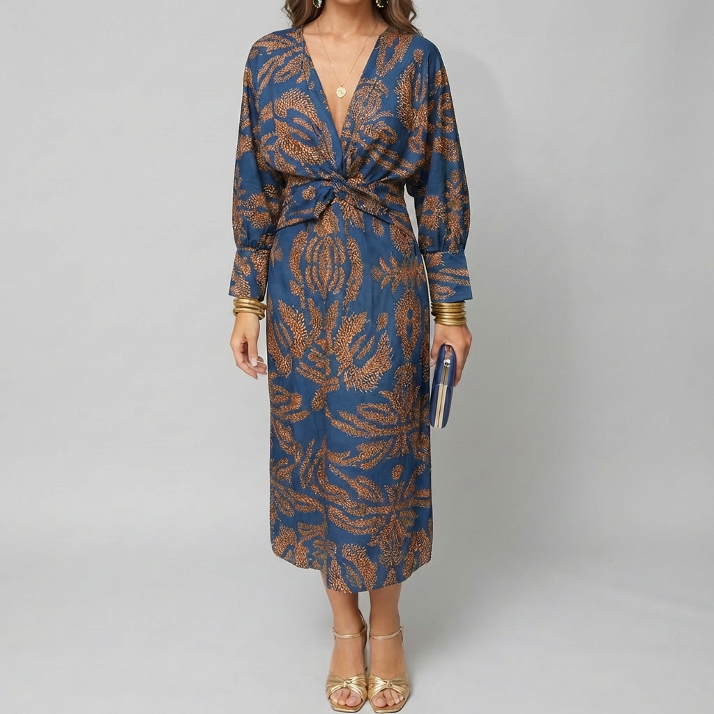 Printed Midi Dress with Knot Front for Women