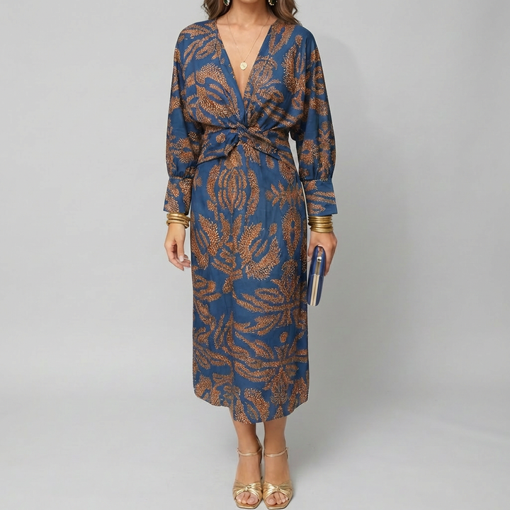 Printed Midi Dress with Knot Front for Women