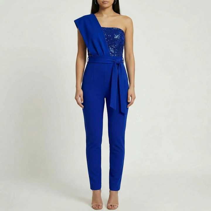 One-Shoulder Sequin-Bodice Jumpsuit