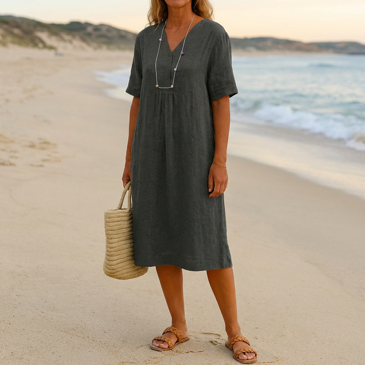 Relaxed Beach Dress with V‑Neck and  Short Sleeves