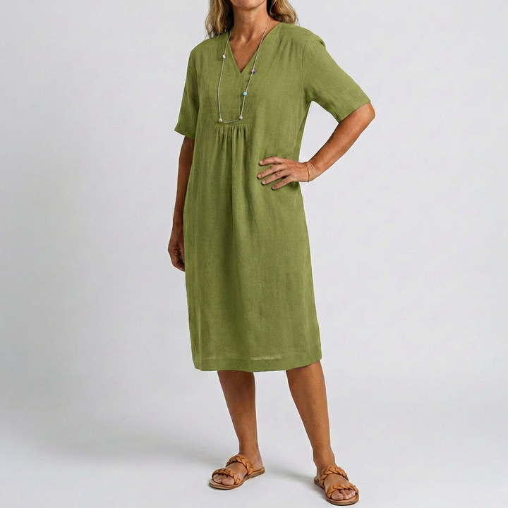 Relaxed Beach Dress with V‑Neck and  Short Sleeves