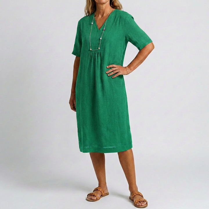 Relaxed Beach Dress with V‑Neck and  Short Sleeves