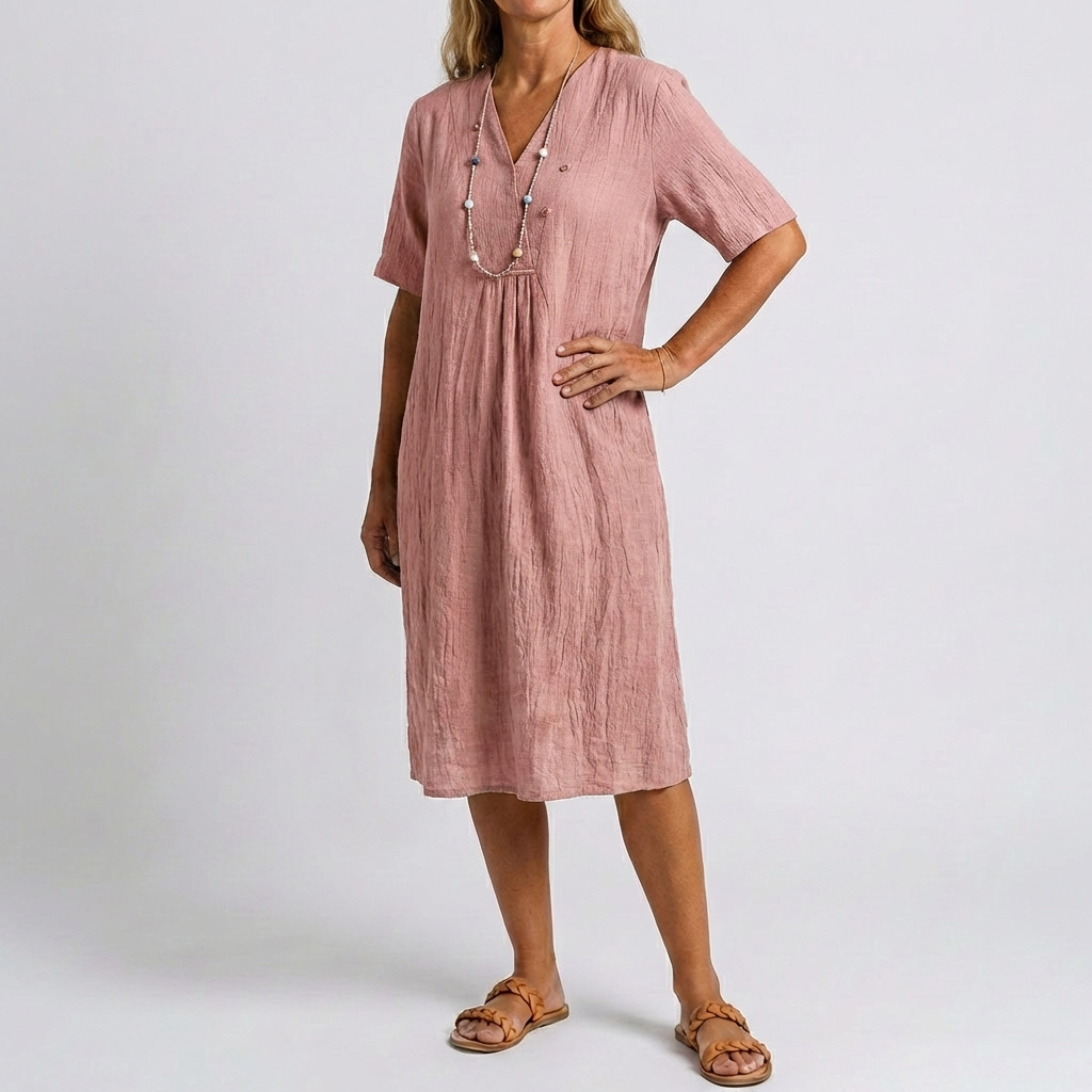 Relaxed Beach Dress with V‑Neck and  Short Sleeves