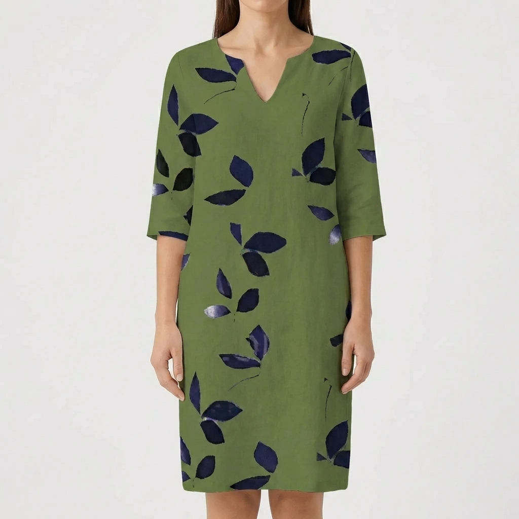 Leaf Print V-Neck Midi Dress