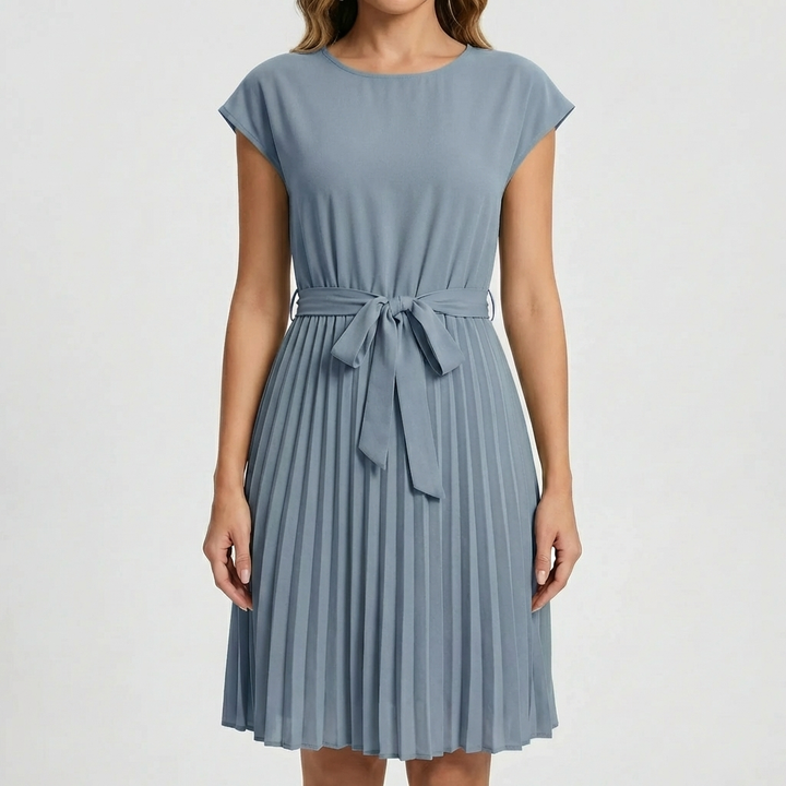 Short-Sleeve Pleated Midi Dress