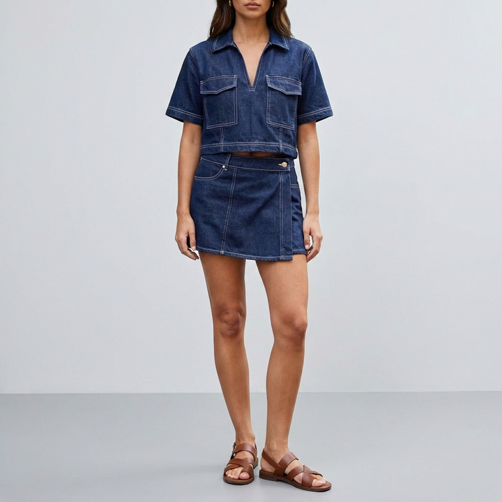 Two-Piece Denim Set with Top and Skirt