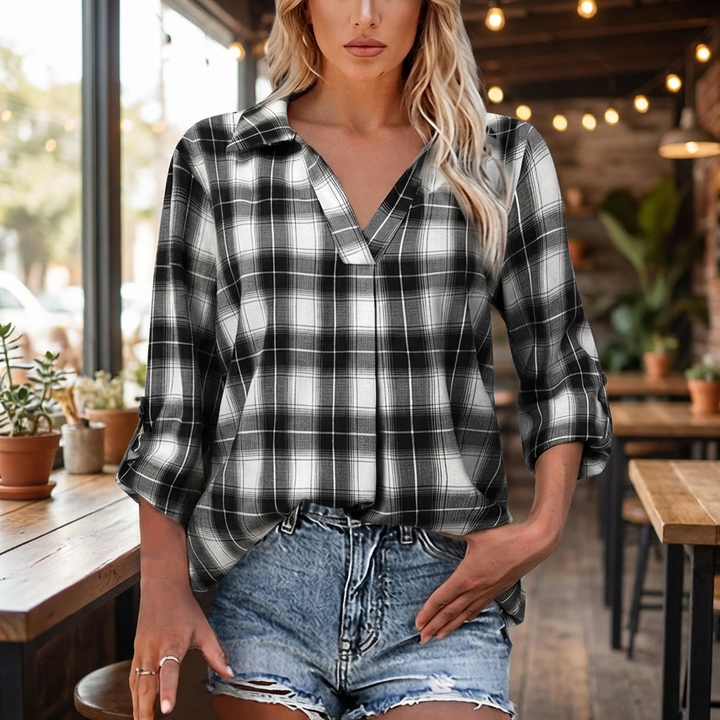 Women’s Checked Long Sleeve V Neck Blouse