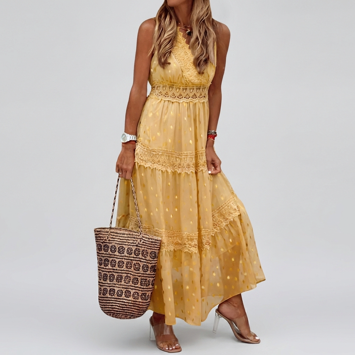 Women Boho Lace Tiered Maxi Dress