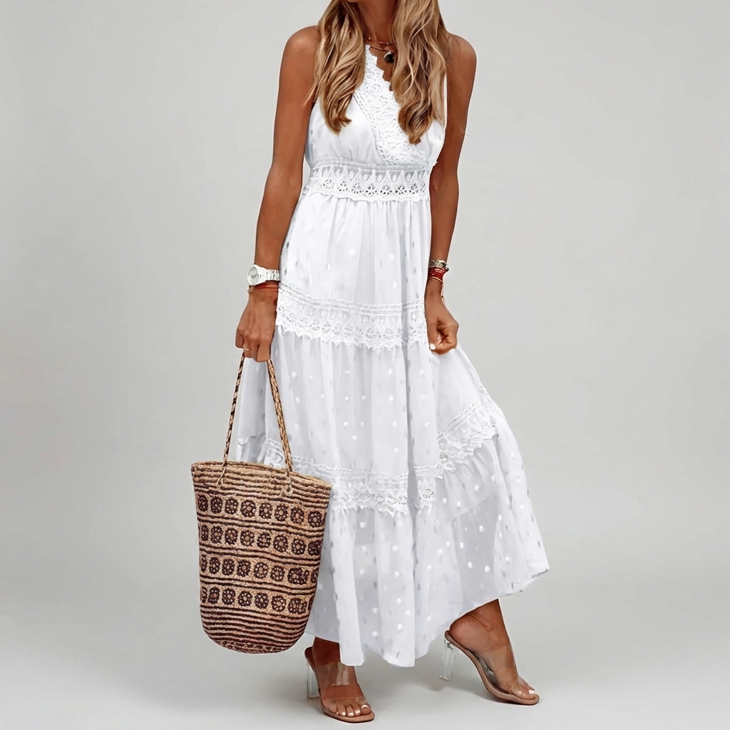 Women Boho Lace Tiered Maxi Dress