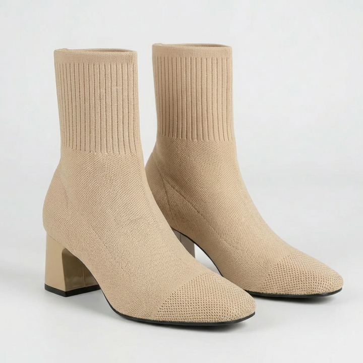 Knit Ankle Sock Boot With Square Heel