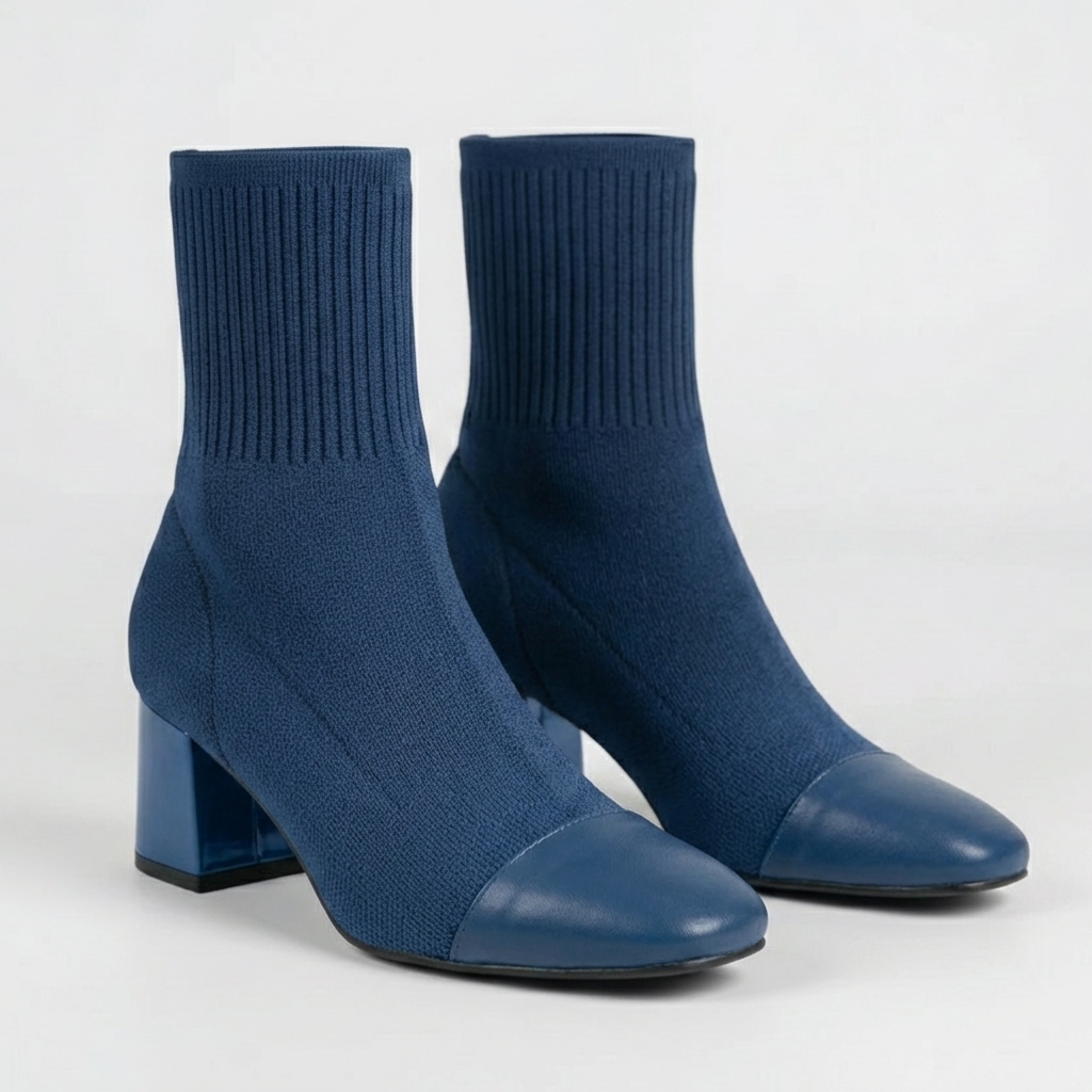 Knit Ankle Sock Boot With Square Heel